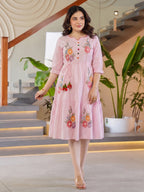 Zummer Women’s Pink Floral Embroidered Fit & Flare Midi Dress with Puff Sleeves
