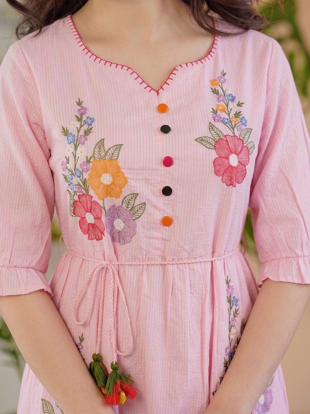 Zummer Women’s Pink Floral Embroidered Fit & Flare Midi Dress with Puff Sleeves