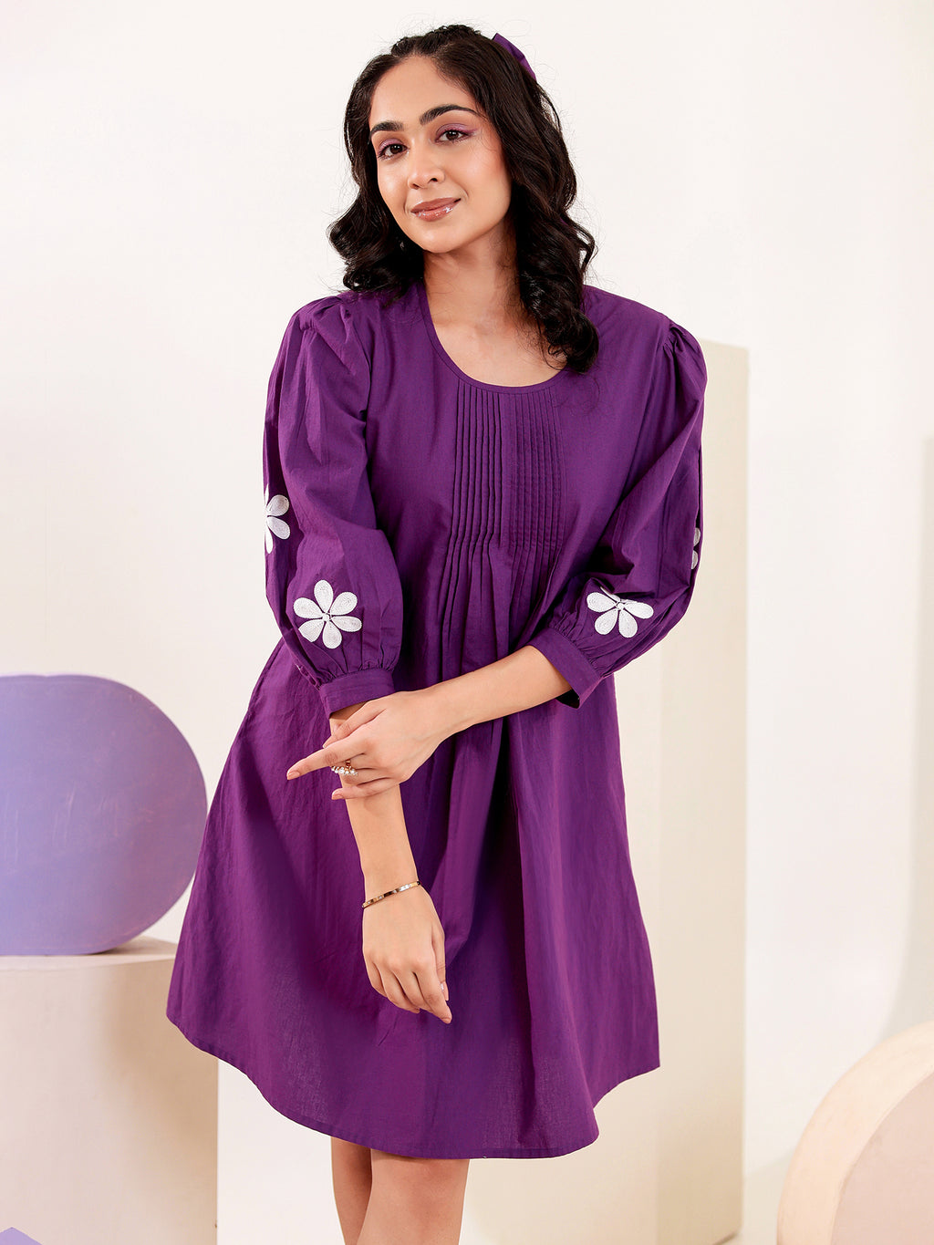 Cotton Purple Applique Work A- line Short Dress