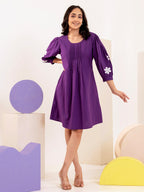 Cotton Purple Applique Work A- line Short Dress