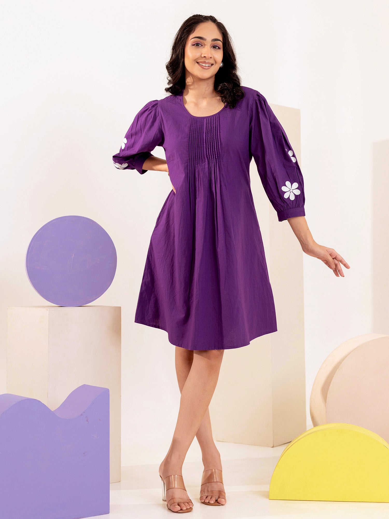 Cotton Purple Applique Work A- line Short Dress