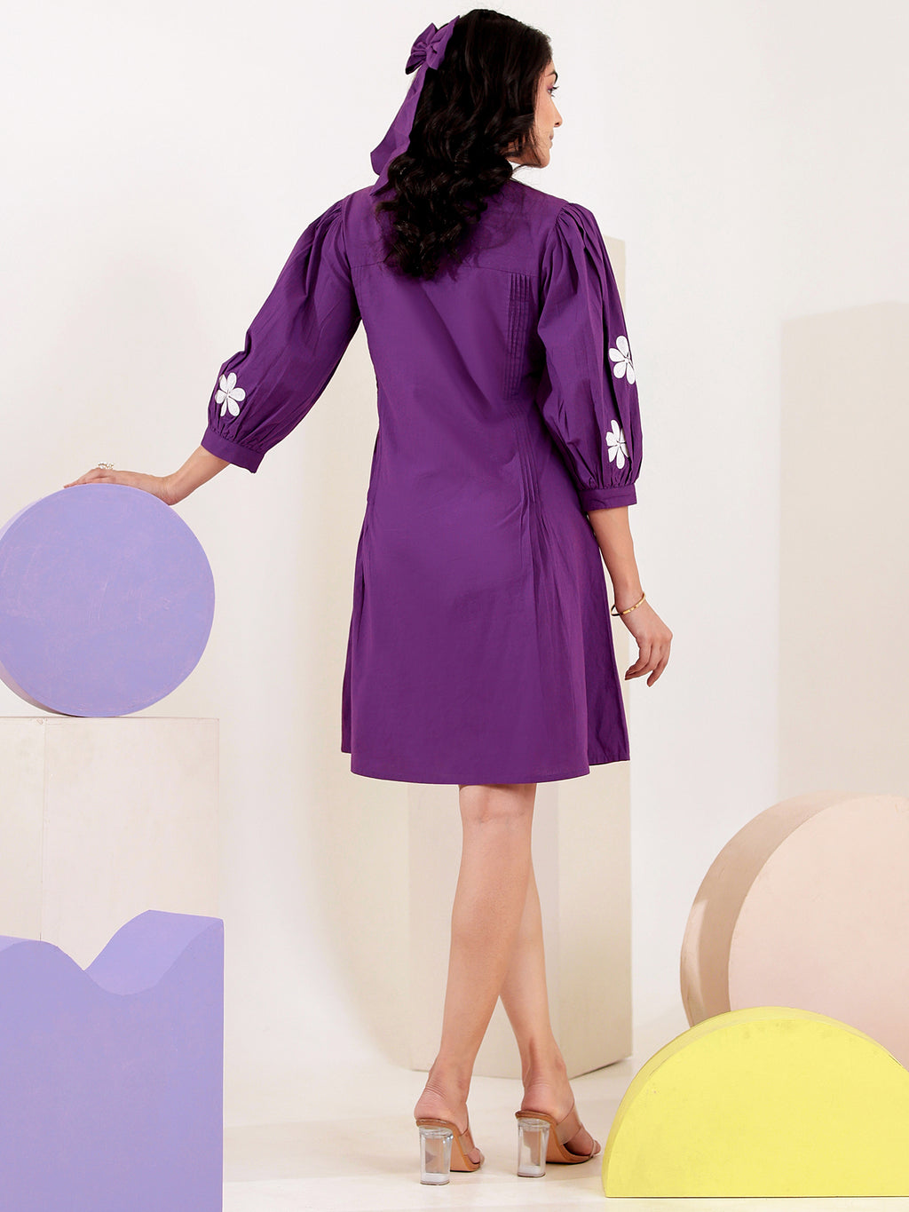 Cotton Purple Applique Work A- line Short Dress