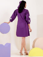 Cotton Purple Applique Work A- line Short Dress