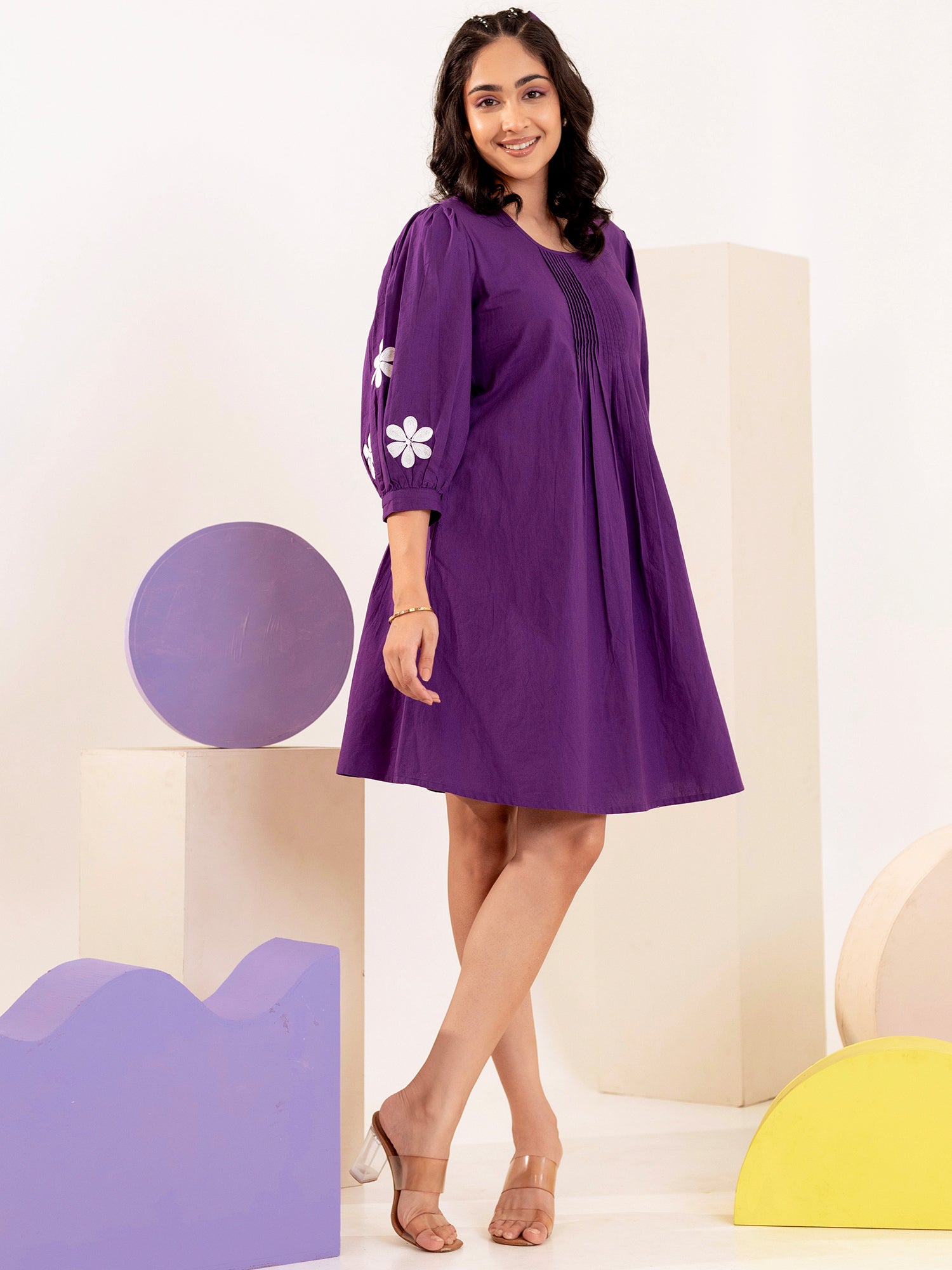 Cotton Purple Applique Work A- line Short Dress