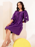 Cotton Purple Applique Work A- line Short Dress