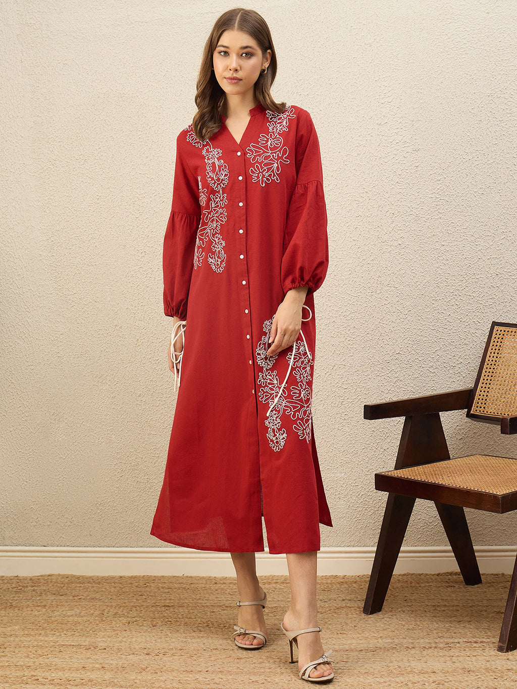 Floral Embroidered Bishop Sleeve Maxi Dress