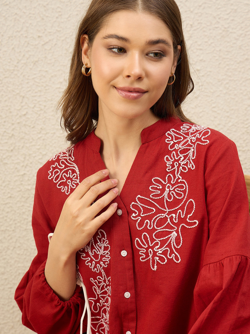 Floral Embroidered Bishop Sleeve Maxi Dress