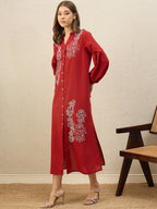 Floral Embroidered Bishop Sleeve Maxi Dress