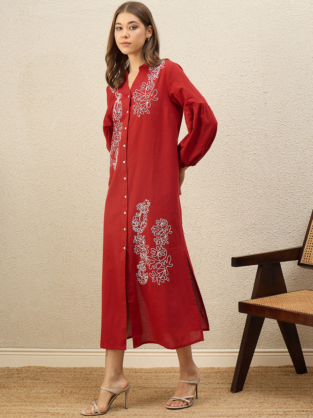 Floral Embroidered Bishop Sleeve Maxi Dress