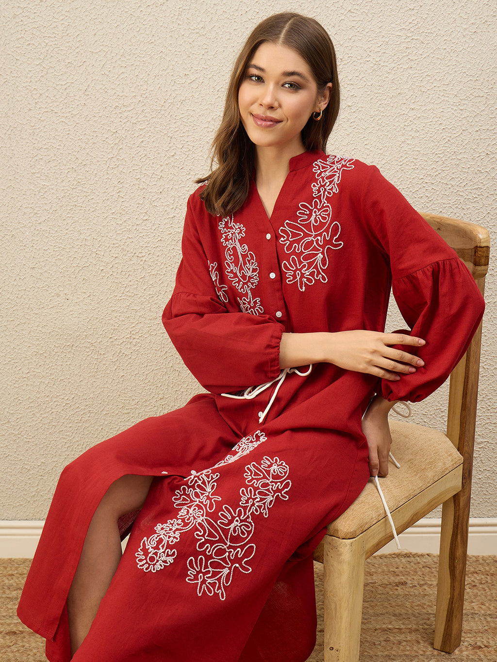 Floral Embroidered Bishop Sleeve Maxi Dress