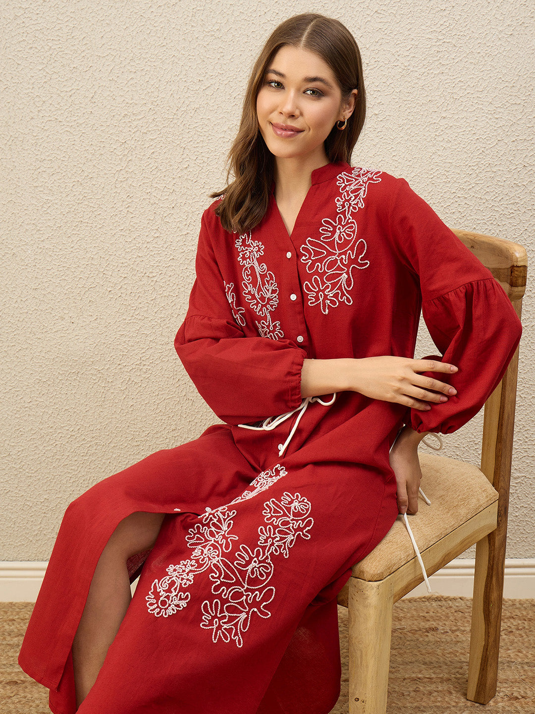 Floral Embroidered Bishop Sleeve Maxi Dress