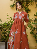 Rust ethnic motifs embroidered empire dress