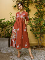 Rust ethnic motifs embroidered empire dress