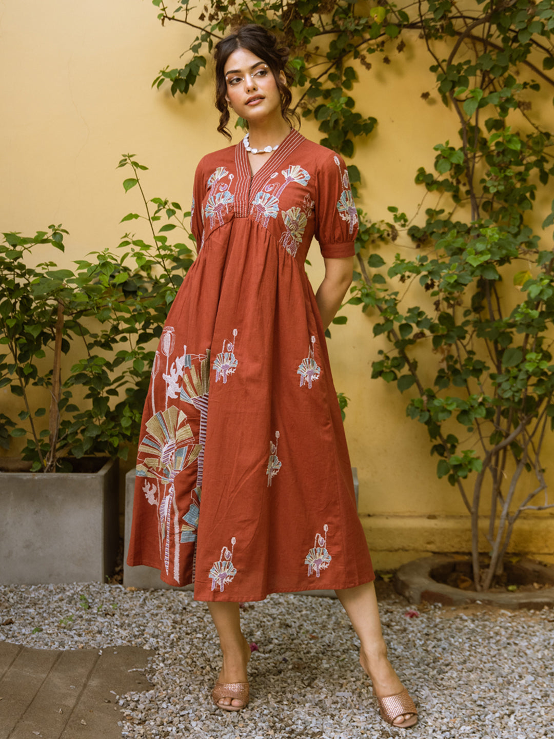 Rust ethnic motifs embroidered empire dress