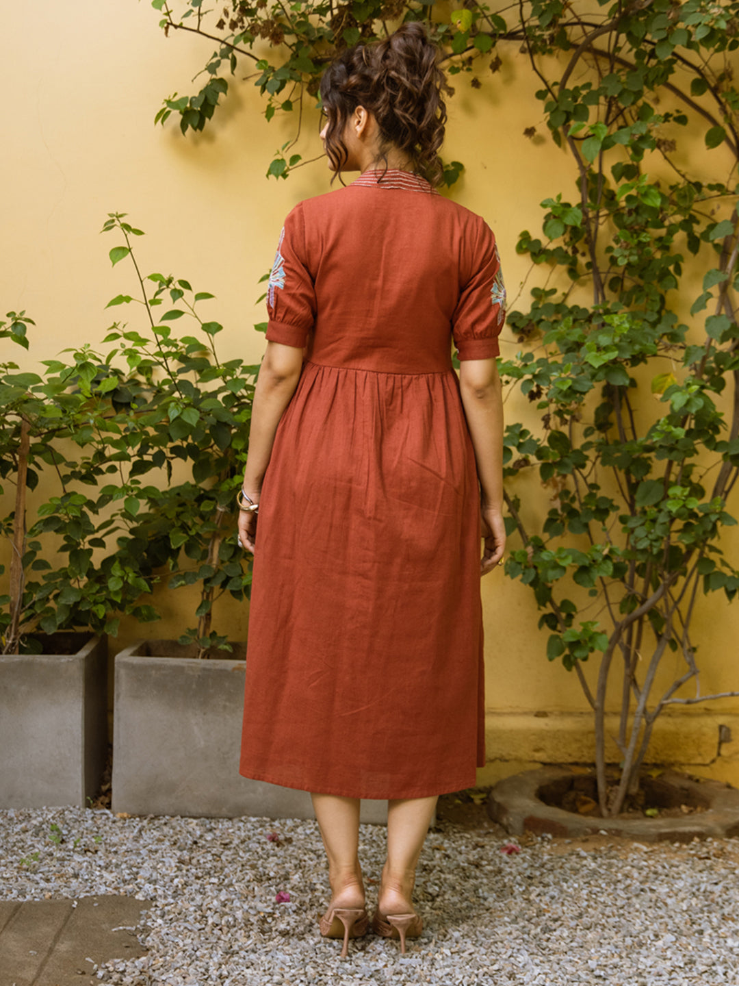 Rust ethnic motifs embroidered empire dress