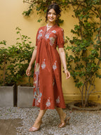 Rust ethnic motifs embroidered empire dress