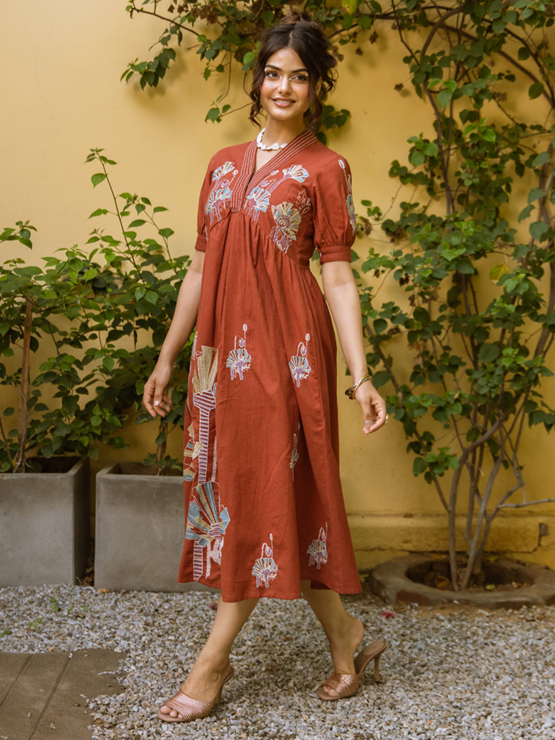 Rust ethnic motifs embroidered empire dress