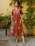 Rust ethnic motifs embroidered empire dress