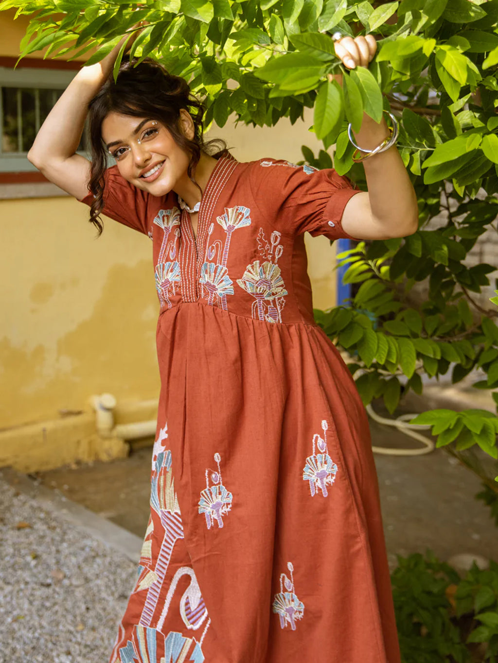 Rust ethnic motifs embroidered empire dress