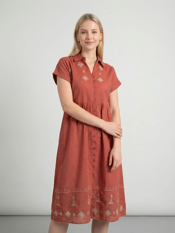 Zummer Rust & Beige Embroidered A-Line Midi Dress