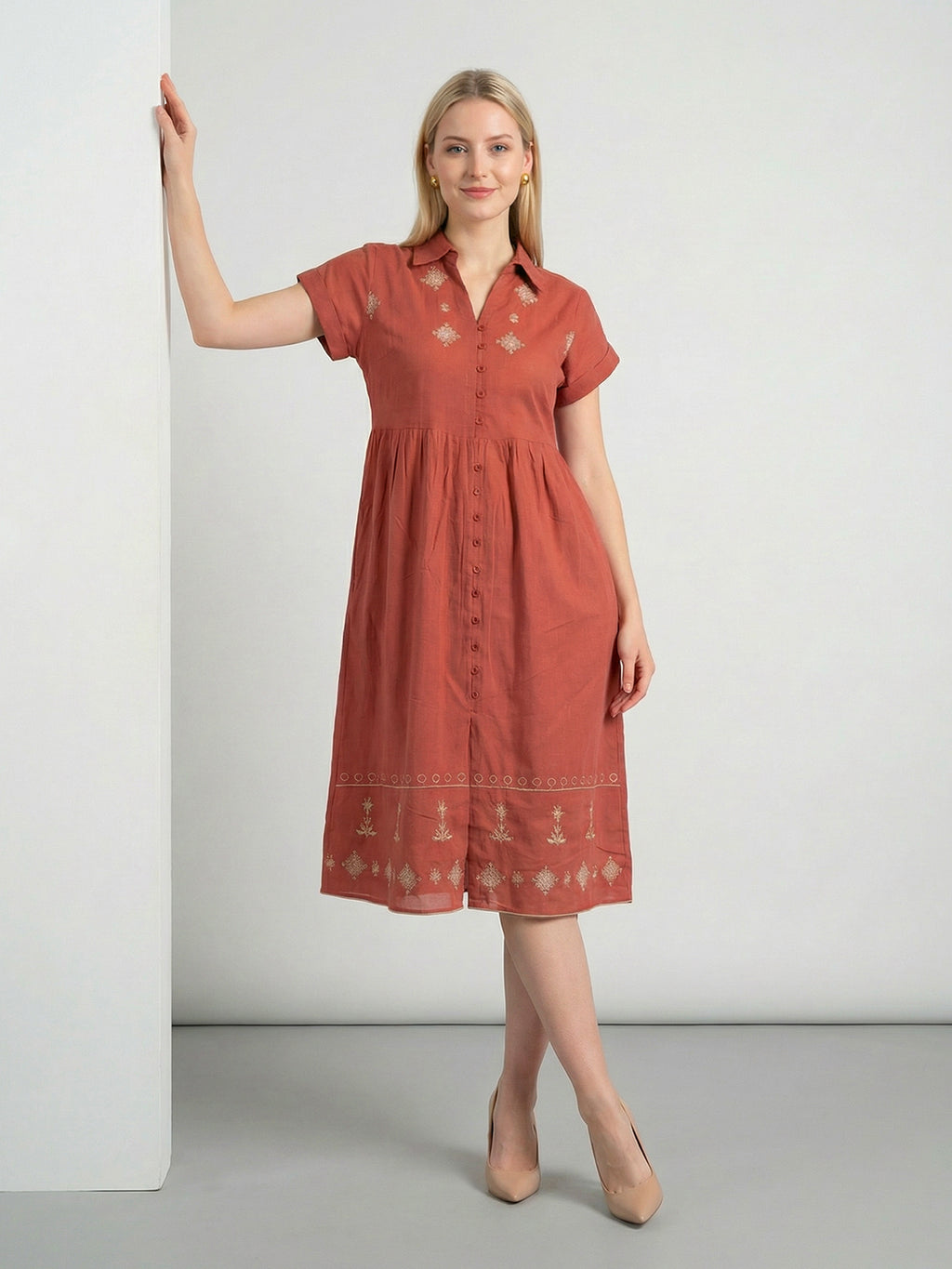 Zummer Rust & Beige Embroidered A-Line Midi Dress