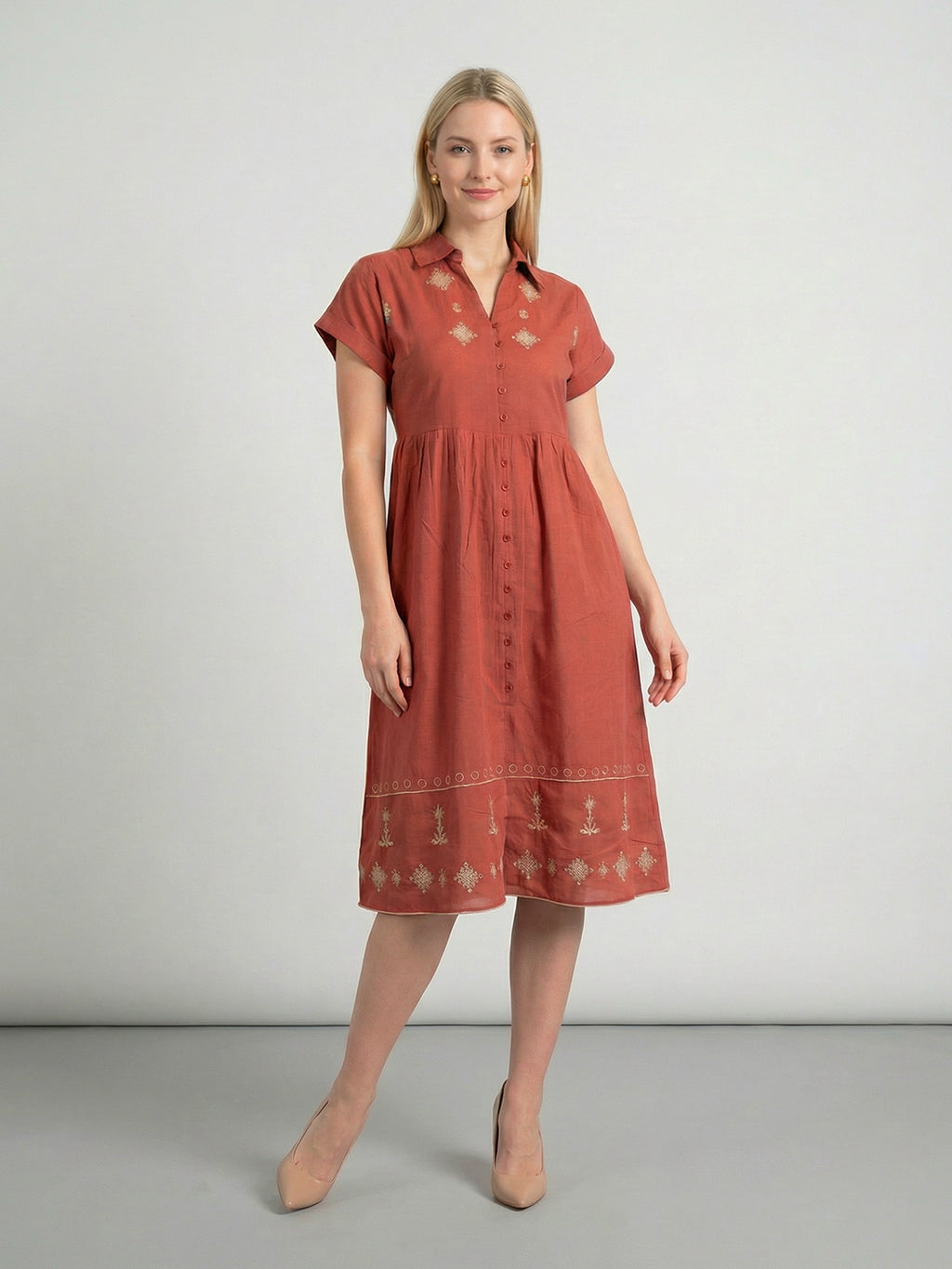 Zummer Rust & Beige Embroidered A-Line Midi Dress