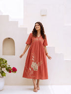 Zummer Rust Floral Embroidered Cotton Midi Dress
