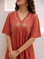 Zummer Rust Floral Embroidered Cotton Midi Dress