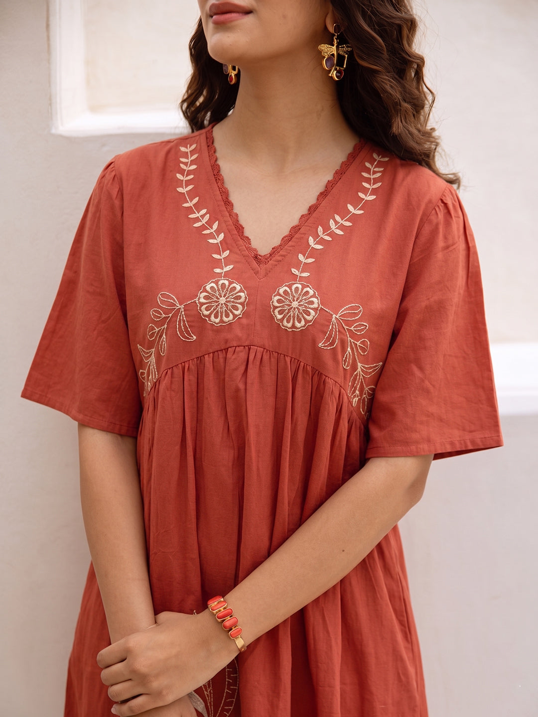Zummer Rust Floral Embroidered Cotton Midi Dress