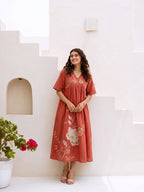 Zummer Rust Floral Embroidered Cotton Midi Dress