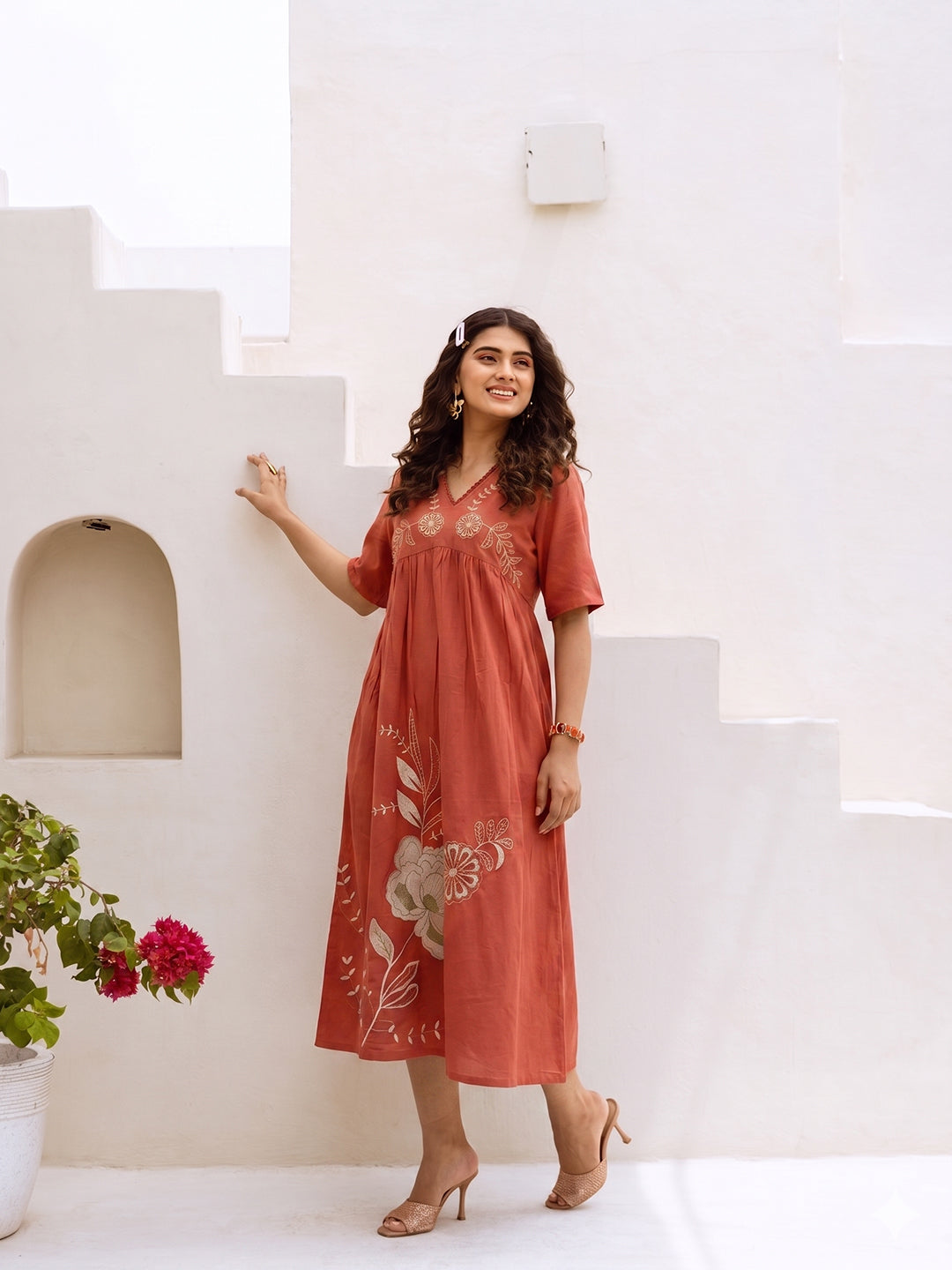 Zummer Rust Floral Embroidered Cotton Midi Dress