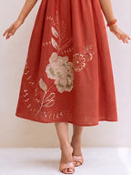 Zummer Rust Floral Embroidered Cotton Midi Dress