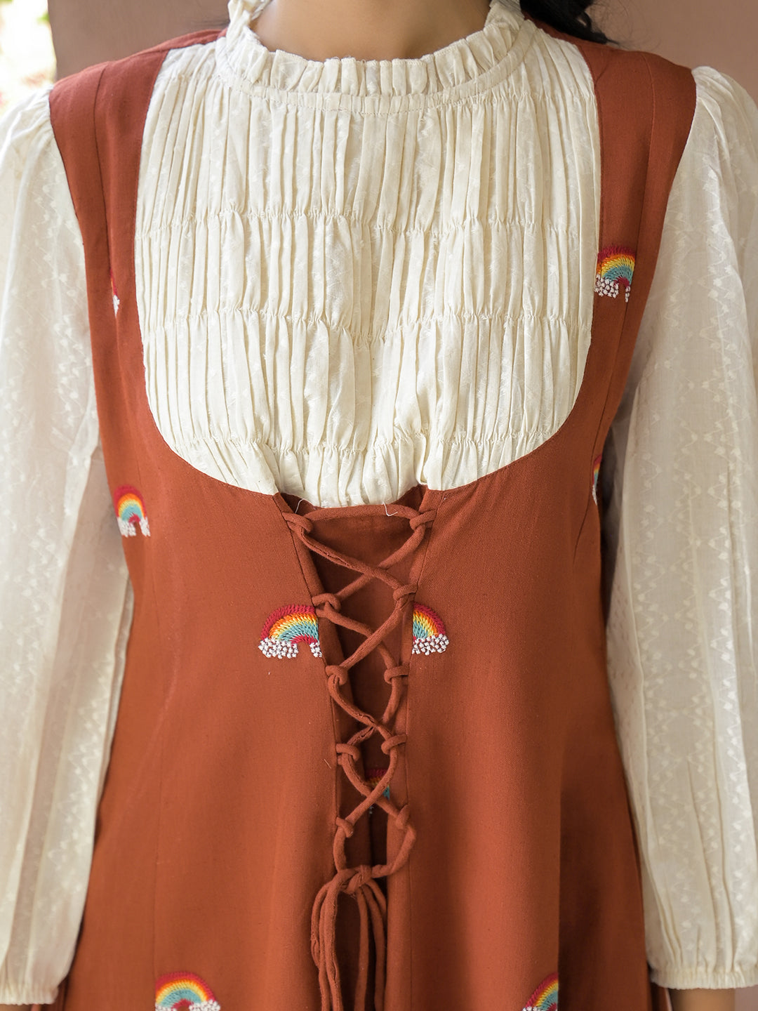 Zummer Rust Embroidered Corset Cotton Midi Dress
