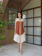 Zummer Rust Colour-Blocked Cotton Midi Dress for Women