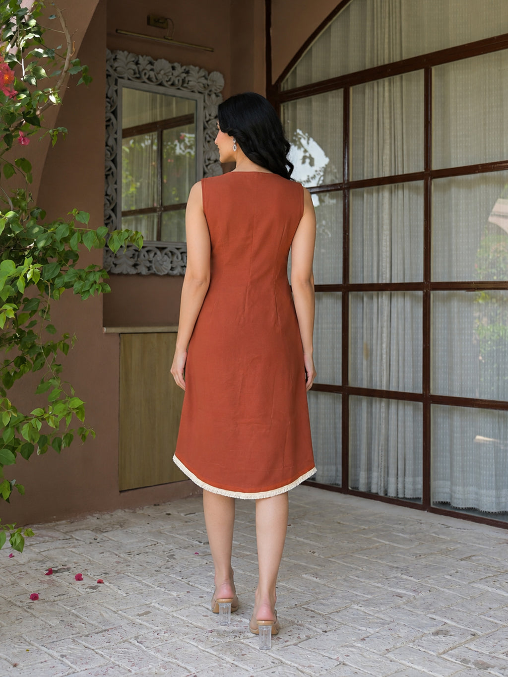 Zummer Rust Colour-Blocked Cotton Midi Dress for Women