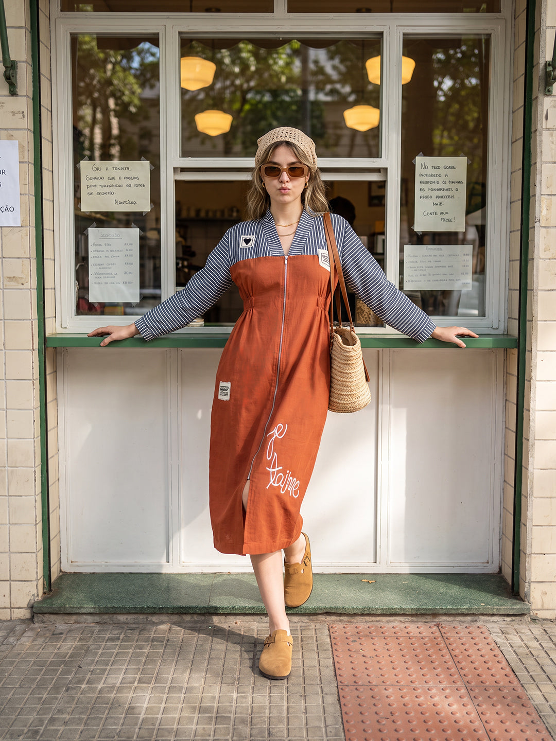 Zummer Rust Striped Embellished Shirt Dress – V-Neck Midi Dress with Kimono Sleeves