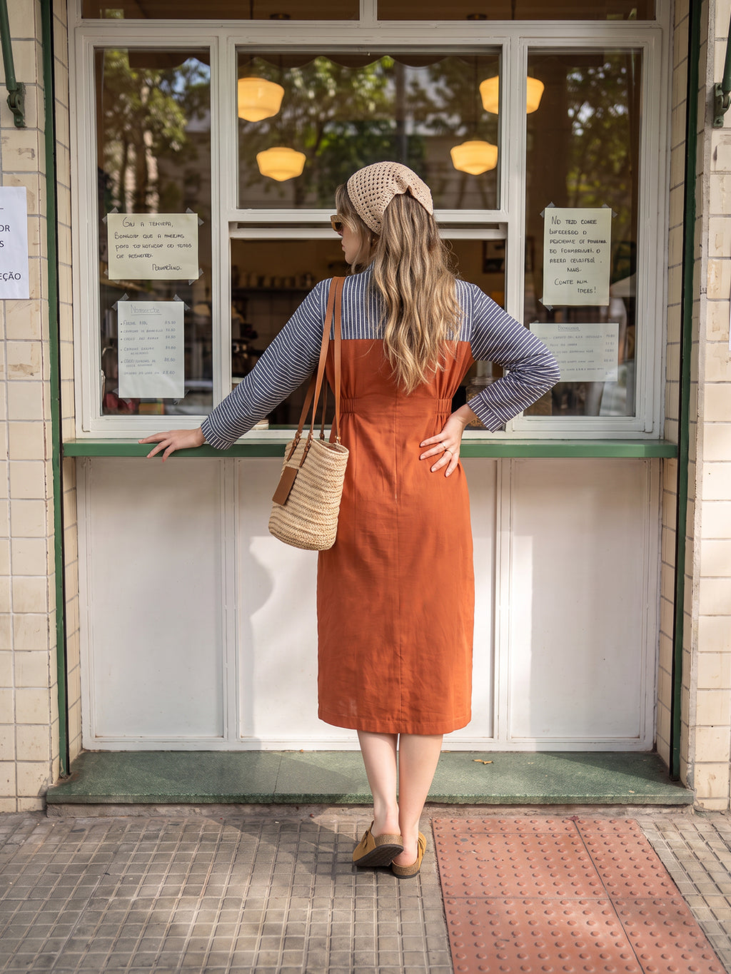 Zummer Rust Striped Embellished Shirt Dress – V-Neck Midi Dress with Kimono Sleeves