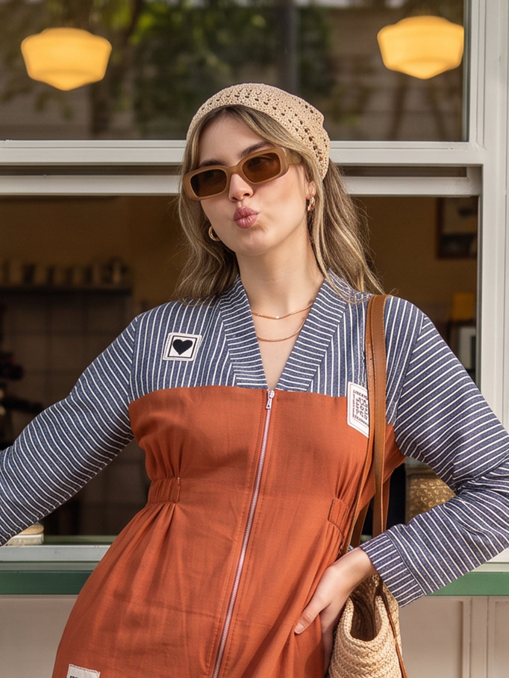 Zummer Rust Striped Embellished Shirt Dress – V-Neck Midi Dress with Kimono Sleeves