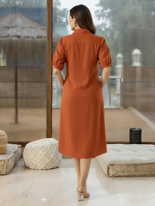 Zummer Rust Floral Embroidered Cotton Midi Dress for Women