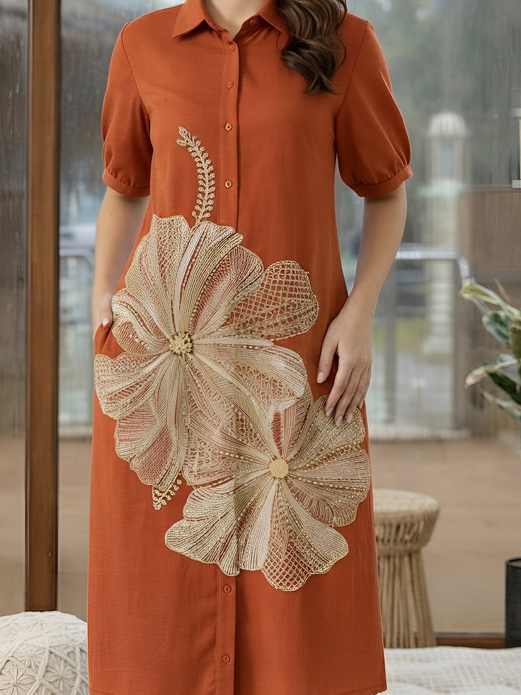 Zummer Rust Floral Embroidered Cotton Midi Dress for Women