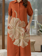 Zummer Rust Floral Embroidered Cotton Midi Dress for Women