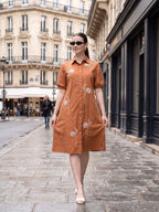 Zummer Women’s Rust Floral Embroidered A-Line Shirt Midi Dress with Puff Sleeves