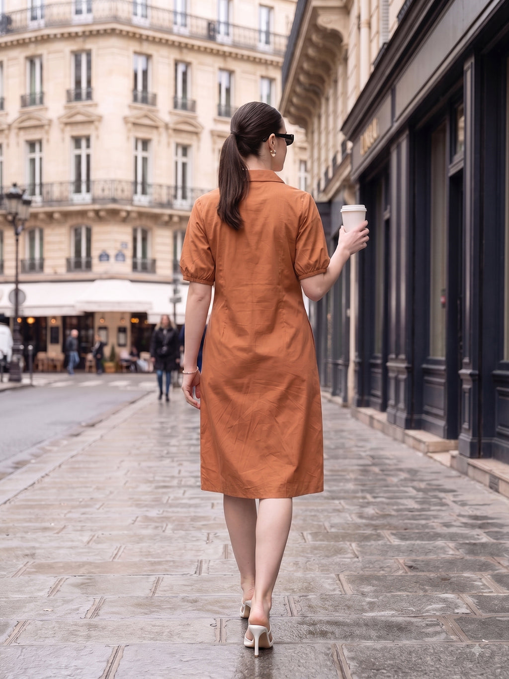 Zummer Women’s Rust Floral Embroidered A-Line Shirt Midi Dress with Puff Sleeves