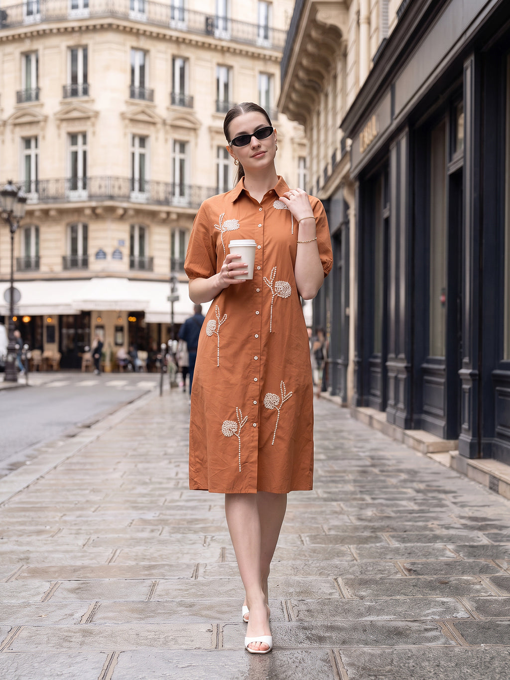 Zummer Women’s Rust Floral Embroidered A-Line Shirt Midi Dress with Puff Sleeves