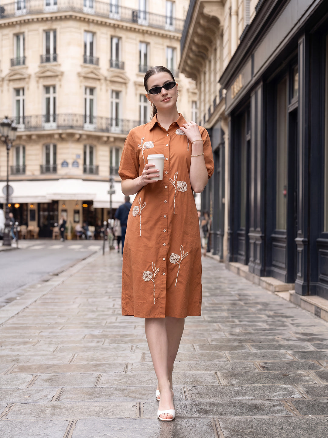 Zummer Women’s Rust Floral Embroidered A-Line Shirt Midi Dress with Puff Sleeves