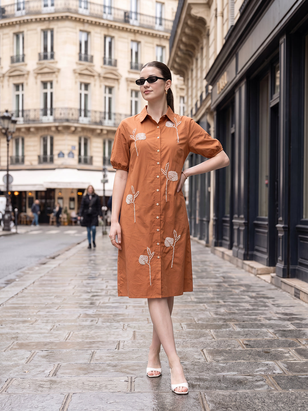 Zummer Women’s Rust Floral Embroidered A-Line Shirt Midi Dress with Puff Sleeves