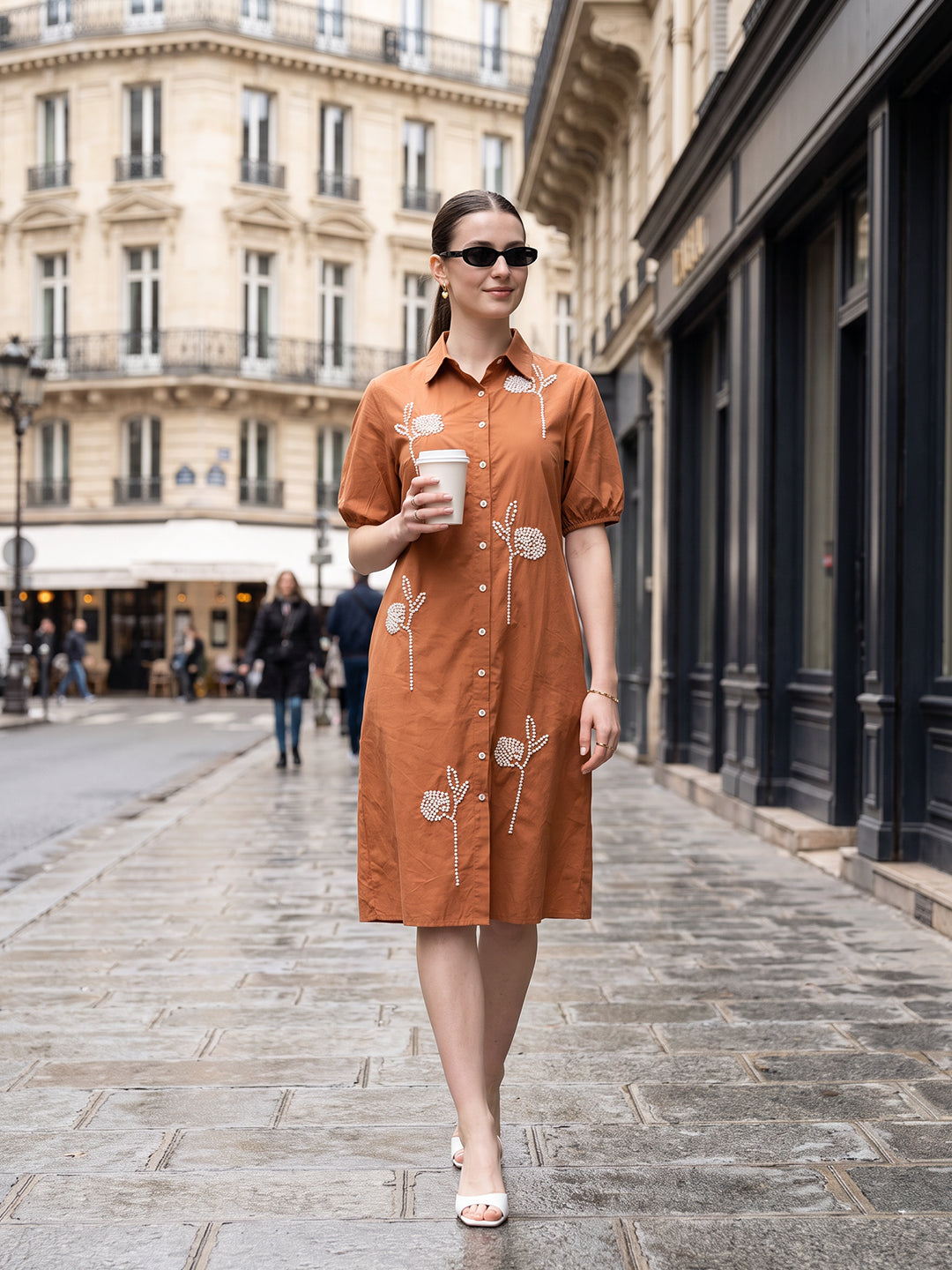Zummer Women’s Rust Floral Embroidered A-Line Shirt Midi Dress with Puff Sleeves
