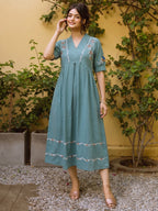 Zummer Women Sea Green Embroidered Cotton Midi Dress