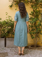 Zummer Women Sea Green Embroidered Cotton Midi Dress