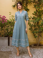 Zummer Women Sea Green Embroidered Cotton Midi Dress